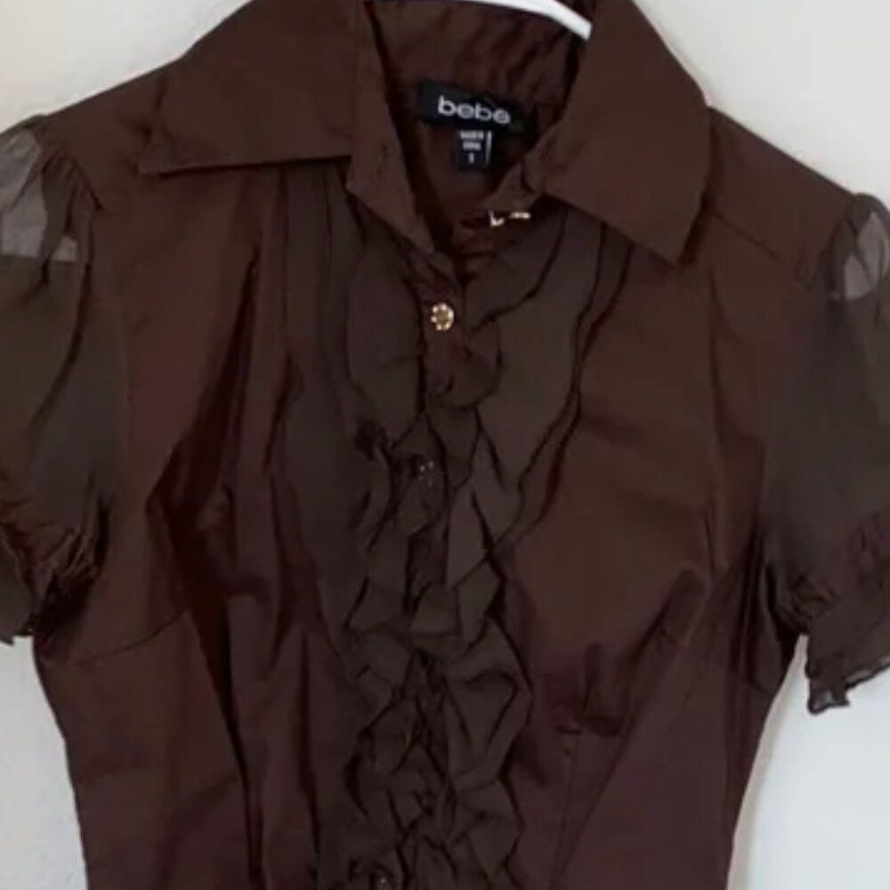 Bebe Brown Ruffle Blouse Small - Picture 4 of 6